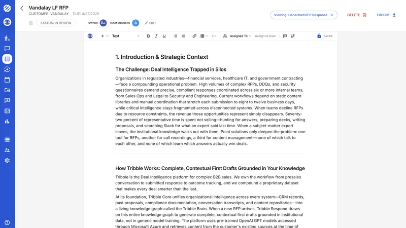 A Tribble Respond editor with a drafted answer and its cited source